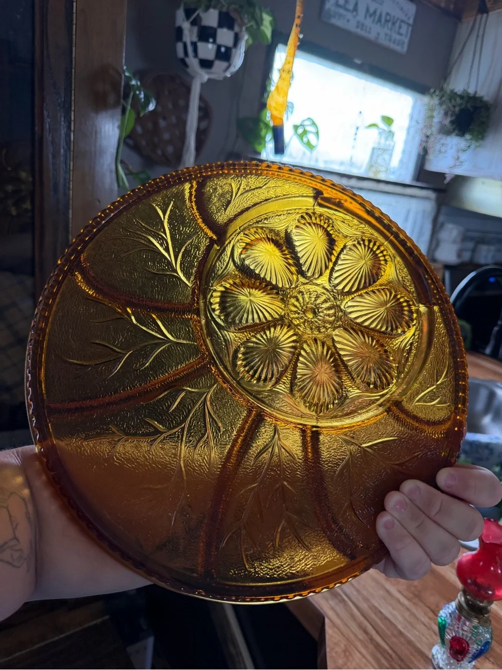 Amber Pressed Glass Decorative Charger Plate